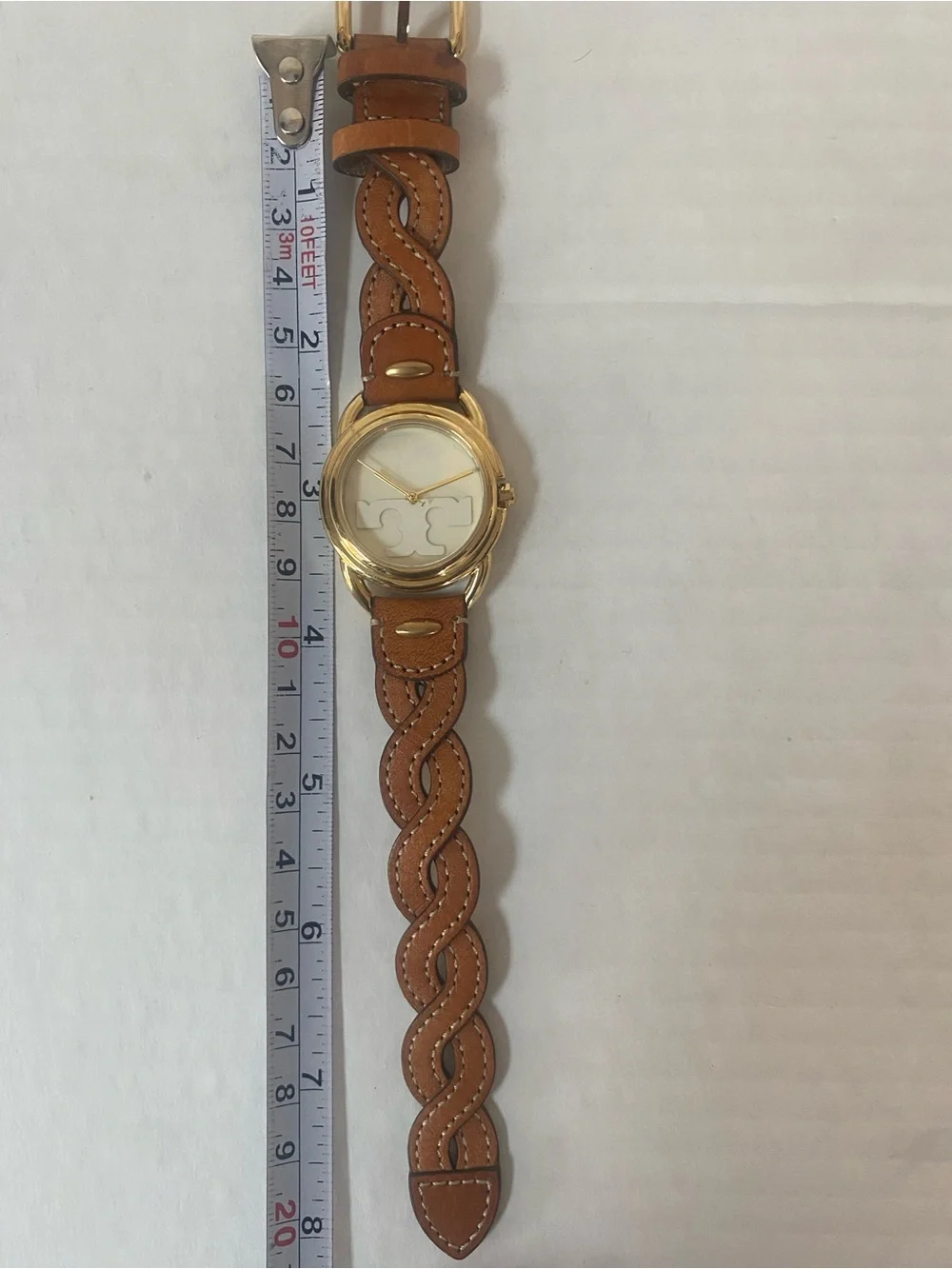 Tory Burch Braided Tan Leather Strap Watch with Gold Case